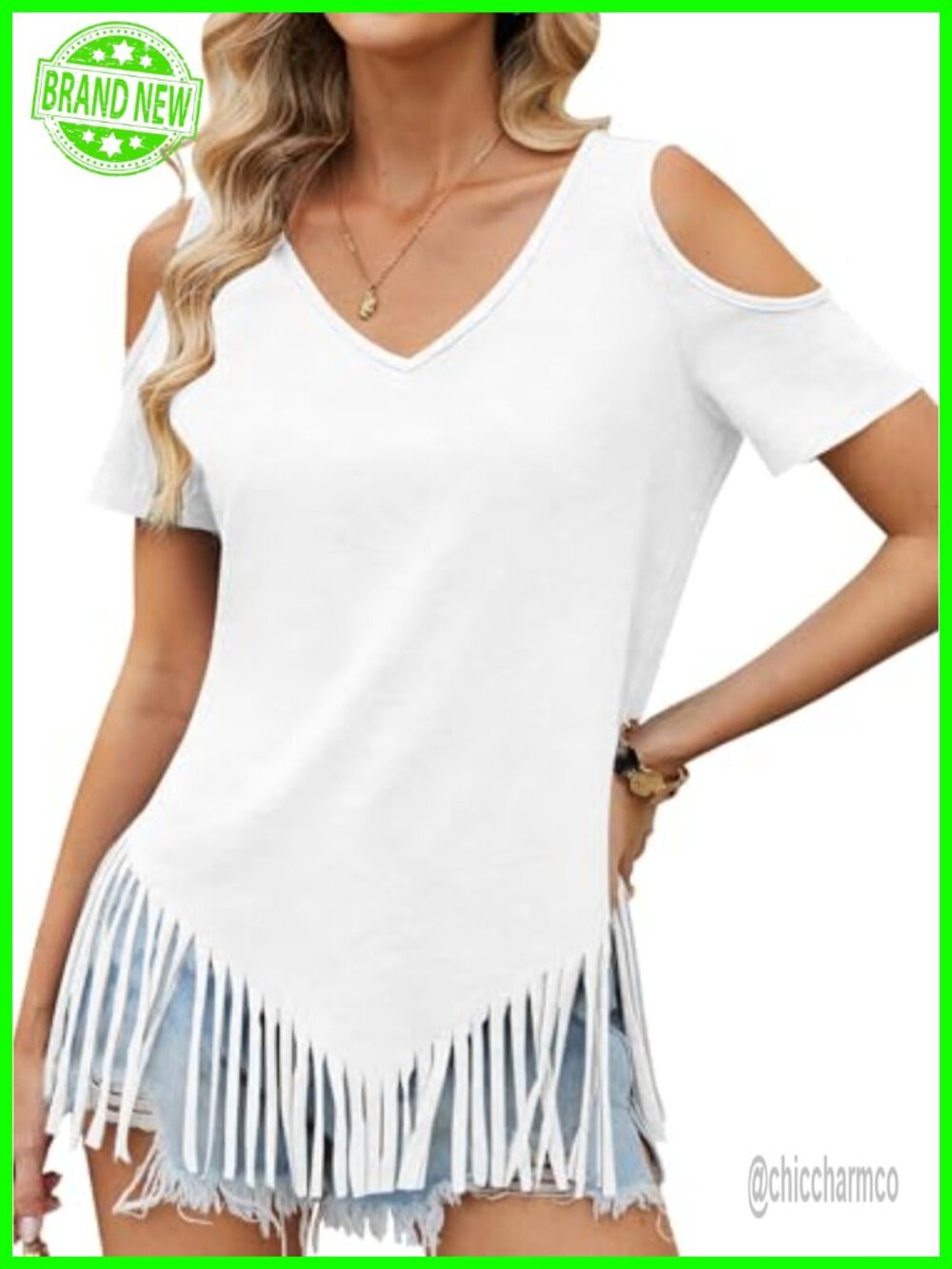 Remidoo Fringe Cold Shoulder Top V Neck Short Sleeve Western T Shirt